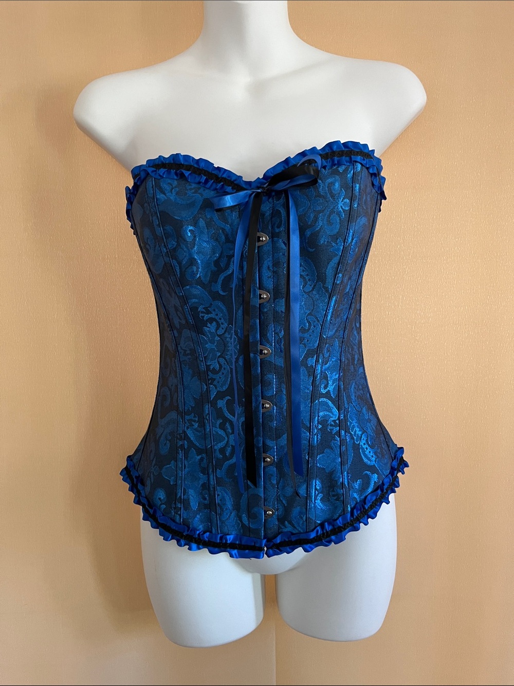 Royal Blue Floral Brocade Strapless Corset Bustier